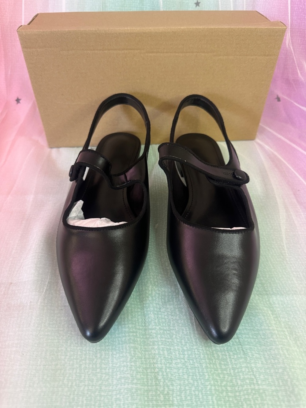 Black Pointed Slingback Mules with Adjustable Strap